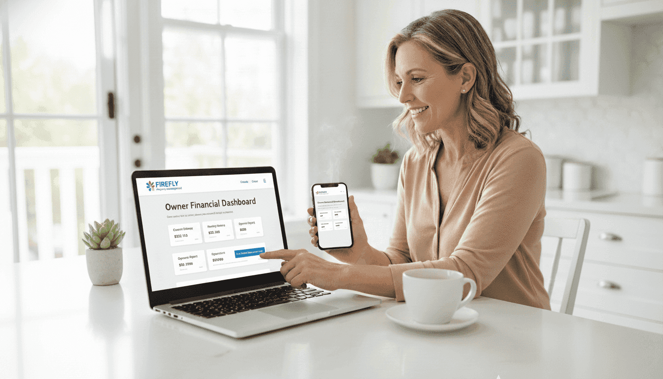 Professional property management specialist reviewing rental marketing materials