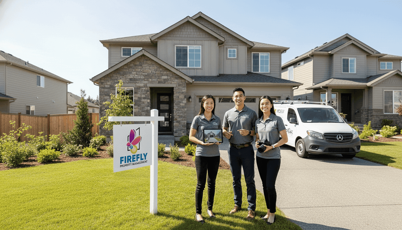 Professional property management specialist reviewing rental marketing materials